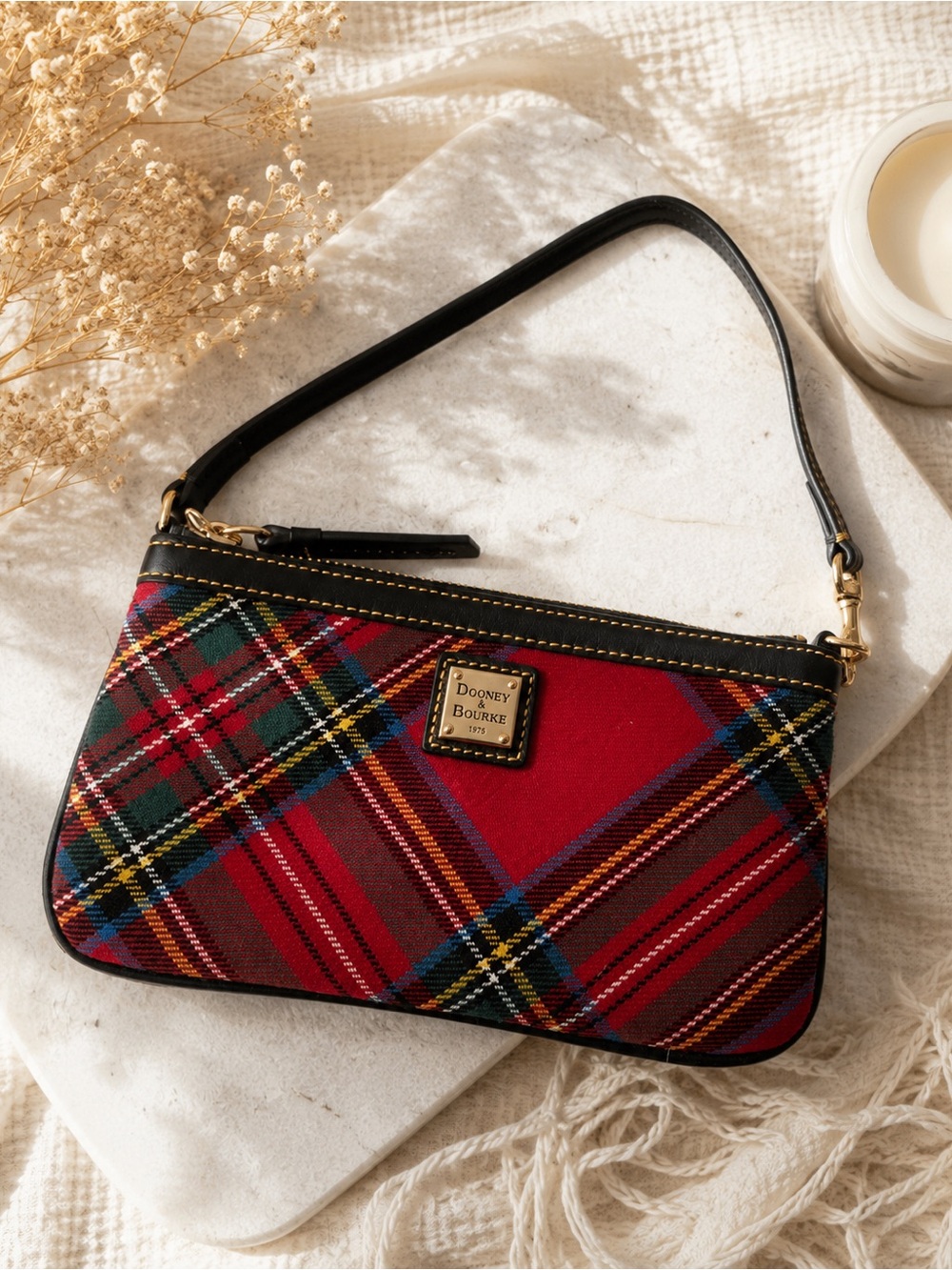 Dooney & Bourke Red Plaid Wristlet with Black Trim